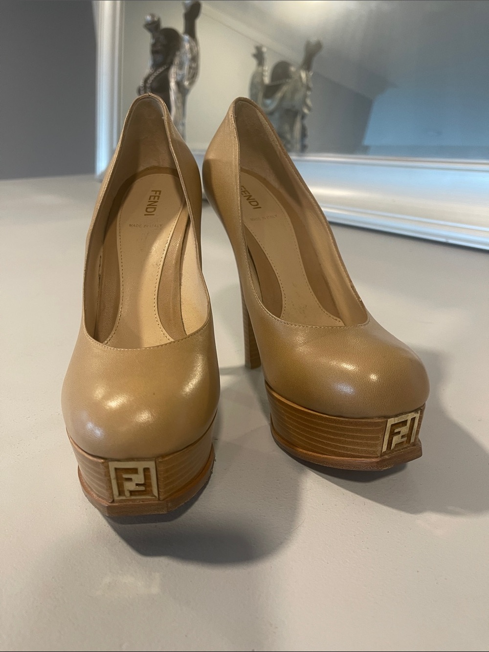 Fendi Beige Leather Platform Pumps with FF Wood-Trim Accents